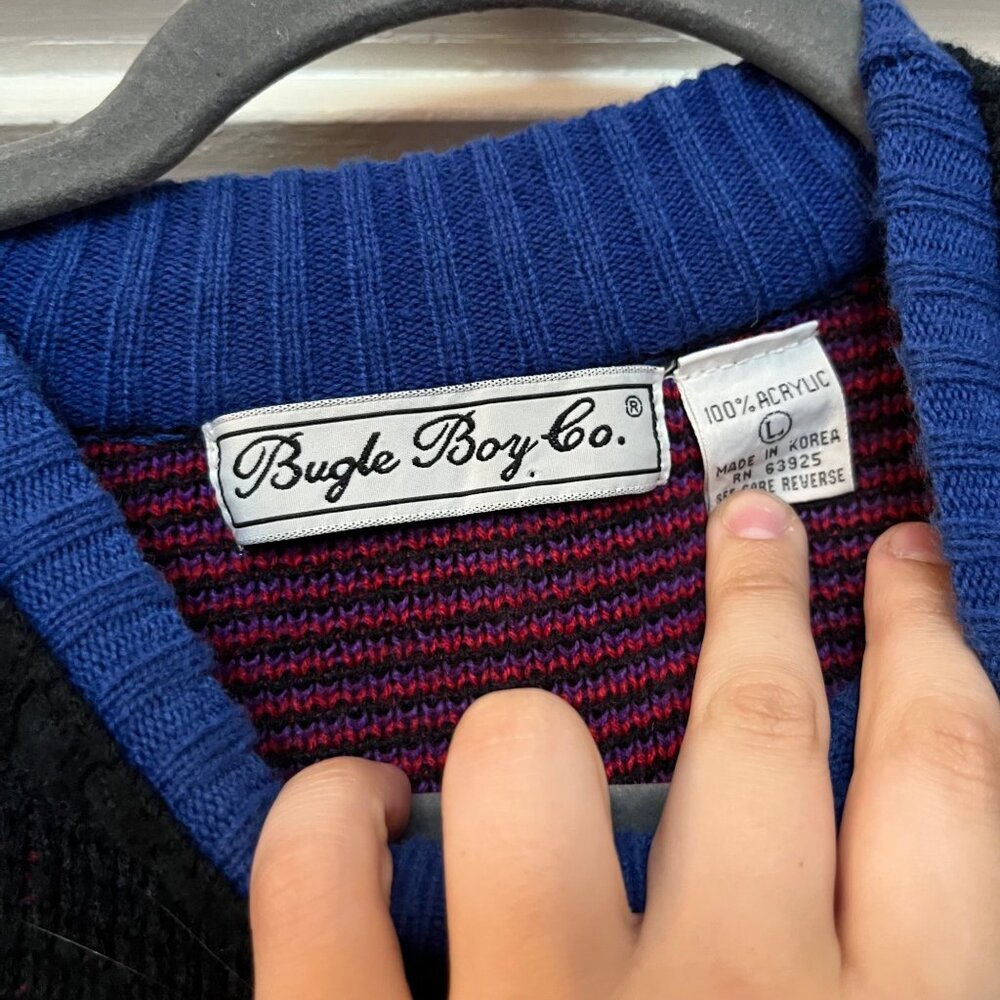 Vintage Aztec Retro Acrylic Bugle Boy Co Crewneck Sweater Cosby Grandpa Size Lg - Picture 3 of 4